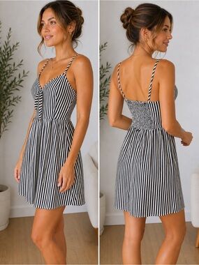H&M Navy Blue & White Stripe Mini Dress | Tie Front Bow | Sleeveless V-Neck